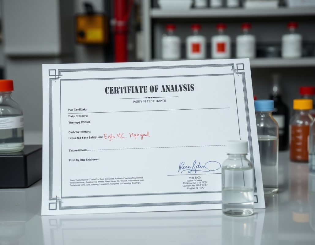 Chemical certificate of analysis document on desk